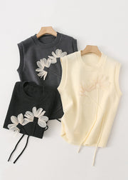 Stylish Black O Neck Floral Patchwork Knit Vest Tops Sleeveless