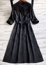 Stylish Black O Neck Jacquard Drawstring Silk Cinch Dresses Spring