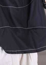 Stilvolles, schwarzes, übergroßes, kurzärmliges Tanktop aus Baumwolle mit Kordelzug und O-Ausschnitt
