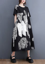 Stylish Black O-Neck Oversized Print Cotton Long Dress Summer