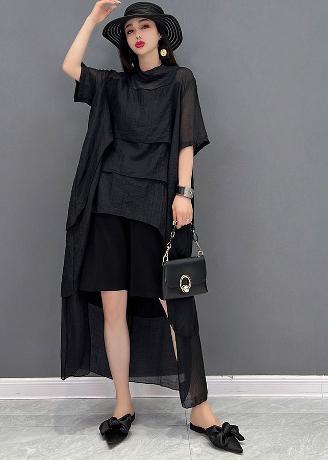 Stylish Black O-Neck Patchwork Dress Short Sleeve