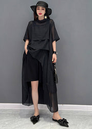 Stilvolles schwarzes Patchwork-Kleid mit O-Ausschnitt und kurzen Ärmeln