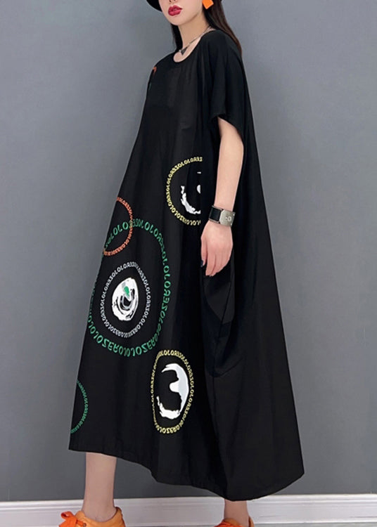 Stilvolles schwarzes O-Neck-Patchwork-Print-Urlaubs-lange Kleider mit kurzen Ärmeln