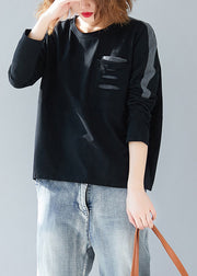 Stylish Black O-Neck Patchwork Ripped Cotton Sweatshirts Tops Spring