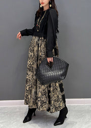 Stylish Black O Neck Print Knit Patchwork Chiffon Dresses Fall