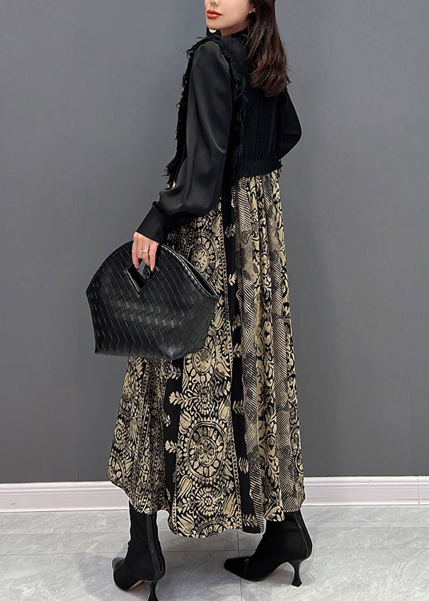 Stylish Black O Neck Print Knit Patchwork Chiffon Dresses Fall