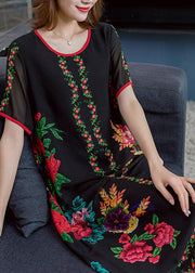 Stylish Black O Neck Print Patchwork Chiffon Dresses Summer