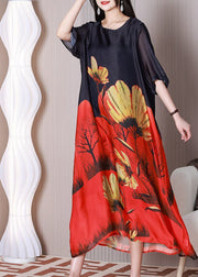 Stylish Black O-Neck Print Silk Holiday Dress Half Sleeve