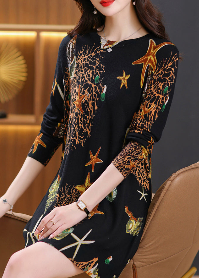 Stylish Black O Neck Print Woolen Mid Sweater Dress Spring