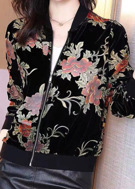 Stylish Black O-Neck Print Zippered Velour Coats Long Sleeve