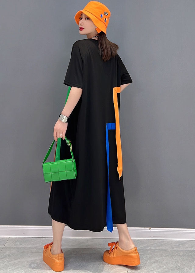 Stylish Black O-Neck Rainbow Applique Cotton Lengthen Dress Short Sleeve
