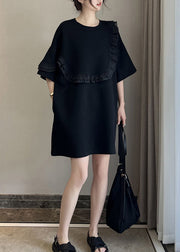 Stylish Black O-Neck Ruffled Patchwork Mid Dresses Short Sleeve