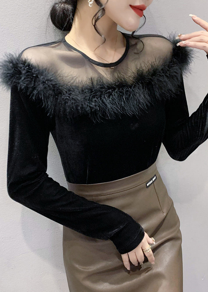 Stylish Black O-Neck Tulle Patchwork Velour Top Bottoming Shirt