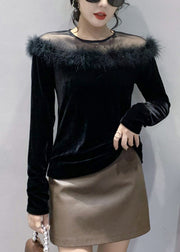 Stylish Black O-Neck Tulle Patchwork Velour Top Bottoming Shirt