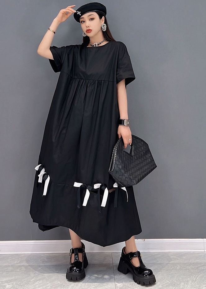 Stylish Black O-Neck Wrinkled Cotton Long Dress Short Sleeve
