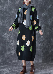 Stylish Black Oversized Floral Knit Long Dress Fall
