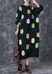 Stylish Black Oversized Floral Knit Long Dress Fall