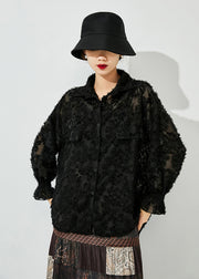 Stylish Black Oversized Jacquar Hollow Out Lace Shirt Top Spring
