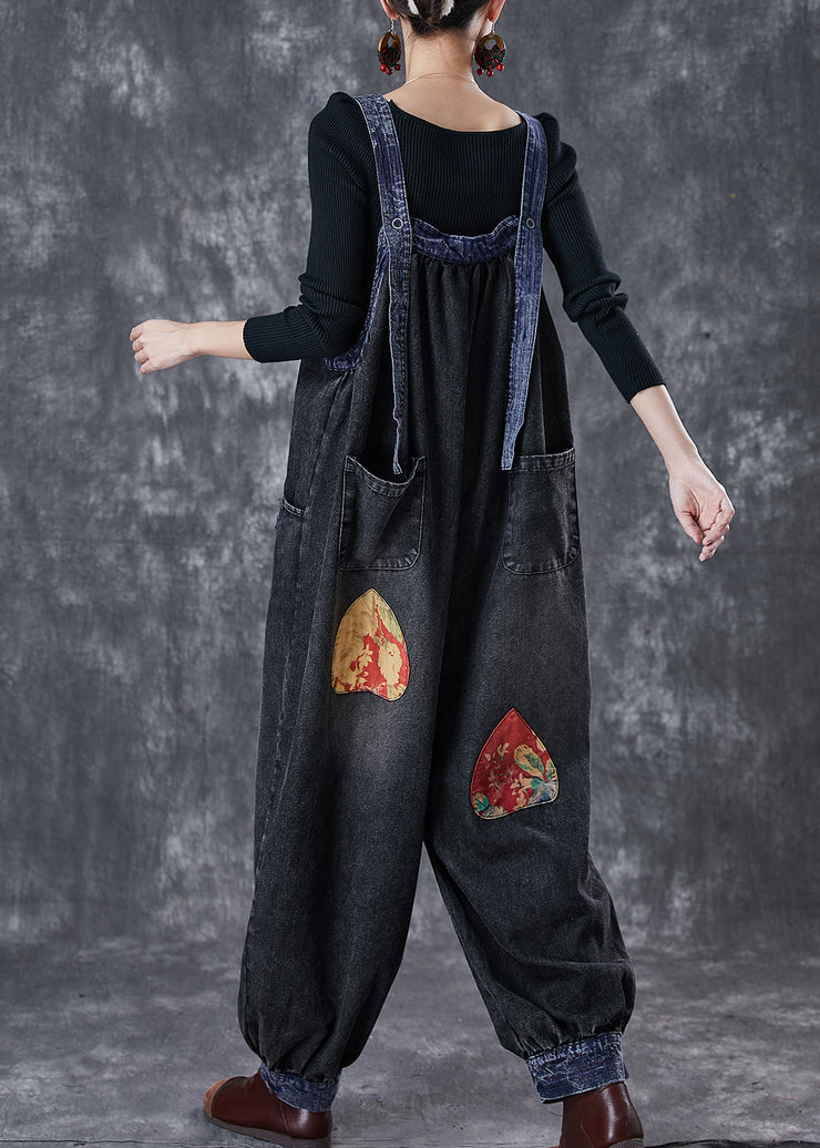 Stylish Black Oversized Patchwork Applique Denim Overalls Jumpsuit Spring