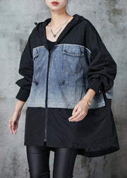 Stylish Black Oversized Patchwork Drawstring Cotton Coat Spring
