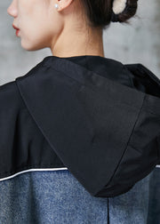 Stylish Black Oversized Patchwork Drawstring Cotton Coat Spring