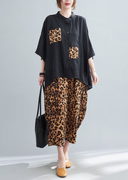 Stylish Black Oversized Patchwork Leopard Two Pieces Set Summer