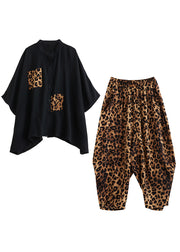 Stylish Black Oversized Patchwork Leopard Two Pieces Set Summer