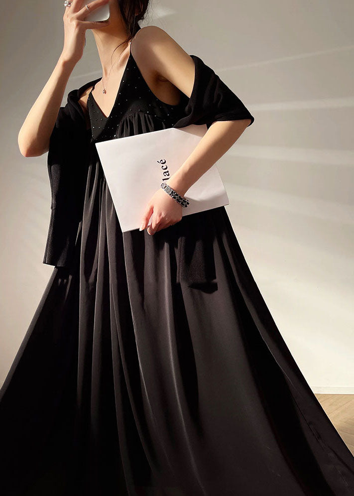 Stylish Black Oversized Patchwork Wrinkled Cotton Spaghetti Strap Long Dresses Sleeveless