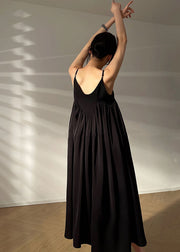 Stylish Black Oversized Patchwork Wrinkled Cotton Spaghetti Strap Long Dresses Sleeveless