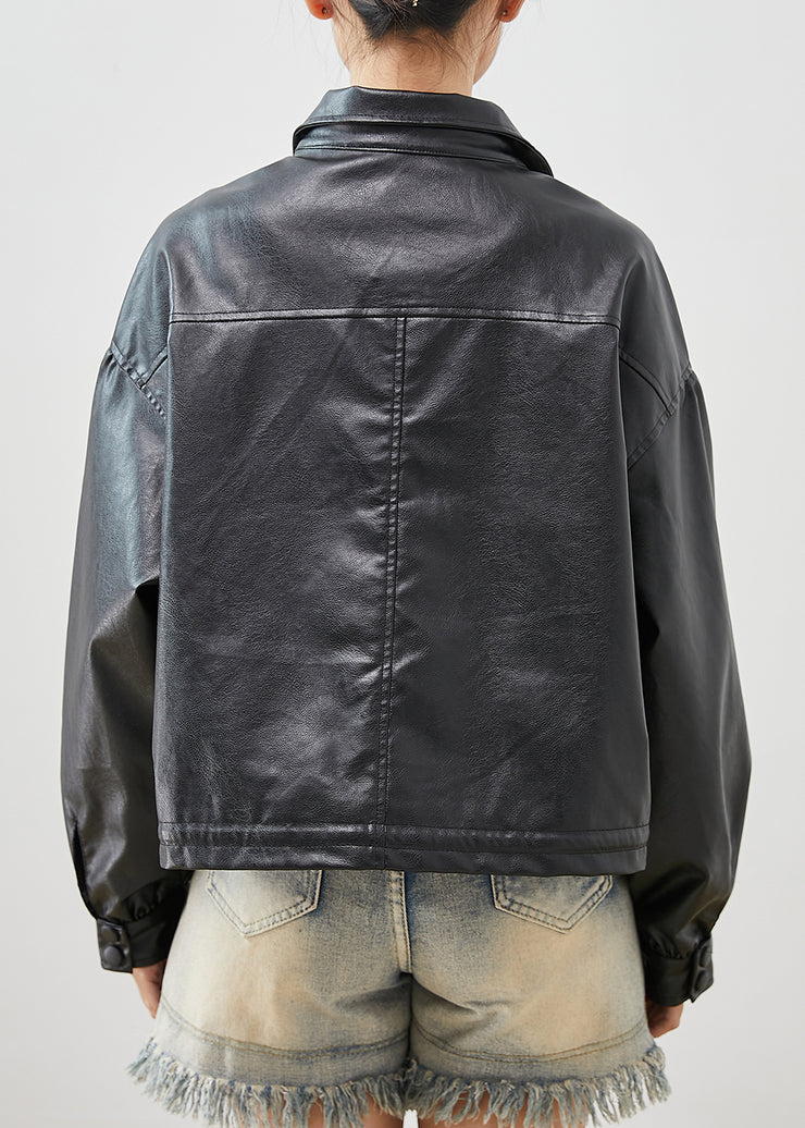 Stylish Black Oversized Pockets Faux Leather Coats Spring
