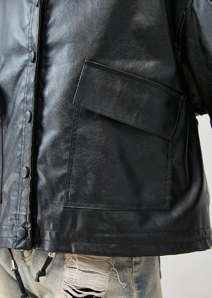 Stylish Black Oversized Pockets Faux Leather Coats Spring