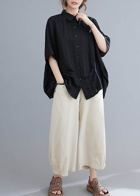 Stylish Black Oversized Wrinkled Cotton Shirt Top Summer