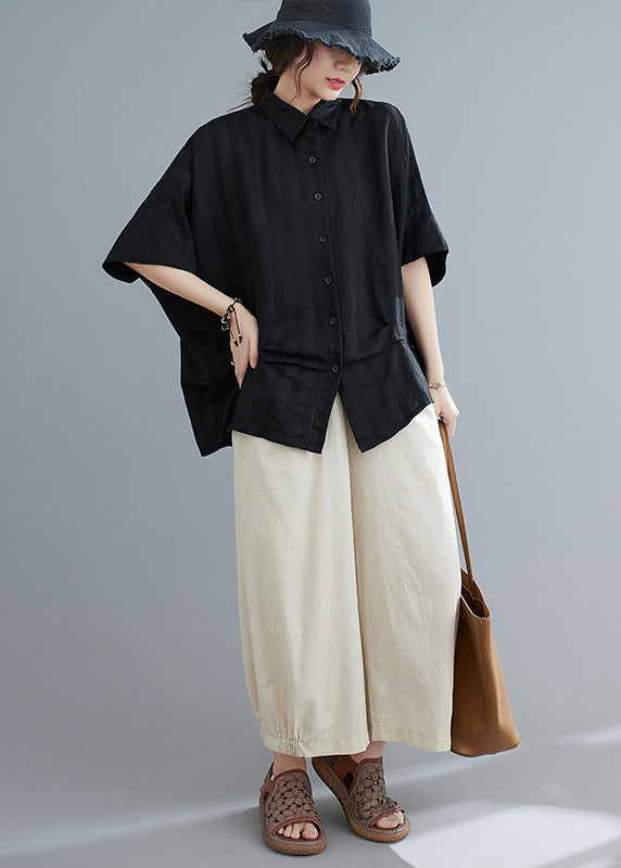 Stylish Black Oversized Wrinkled Cotton Shirt Top Summer