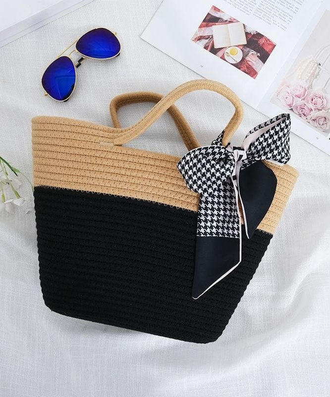 Stylish Black Patchwork Knit Fabric Cotton Beach Tote Handbag