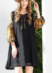 Stylish Black Patchwork Lantern Sleeve Lace Maxi Dress Summer - SooLinen
