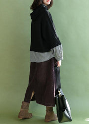 Stylish Black Patchwork Plaid Pockets Fall Loose Pullover Street Wear - SooLinen