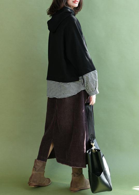 Stylish Black Patchwork Plaid Pockets Fall Loose Pullover Street Wear - SooLinen