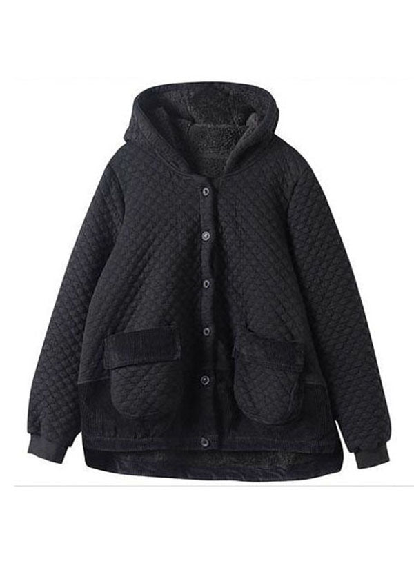 Stylish Black Patchwork Pockets Warm Fleece Hooded Coats Fall