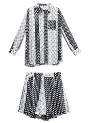 Stilvolle schwarze Bubikragen-Punktdruck-Chiffon-lange Hemden und Shorts, zweiteiliges Set mit kurzen Ärmeln