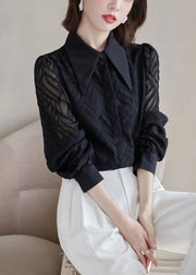 Stylish Black Peter Pan Collar Lace Patchwork Hollow Out Chiffon Blouses Spring