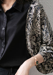Stylish Black Peter Pan Collar Oversized Print Patchwork Chiffon Shirts Batwing Sleeve