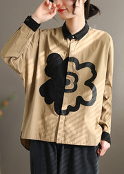 Stylish Black Peter Pan Collar Patchwork Low High Design Cotton Shirt Top Long Sleeve