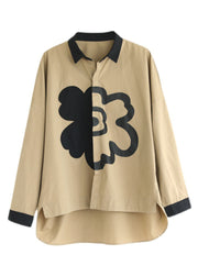 Stylish Black Peter Pan Collar Patchwork Low High Design Cotton Shirt Top Long Sleeve