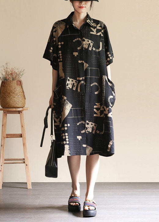 Stylish Black Pockets Print Patchwork Linen Shirts Dress Summer