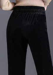 Stylish Black Pockets Side Open Patchwork High Waist Velour Pants Fall
