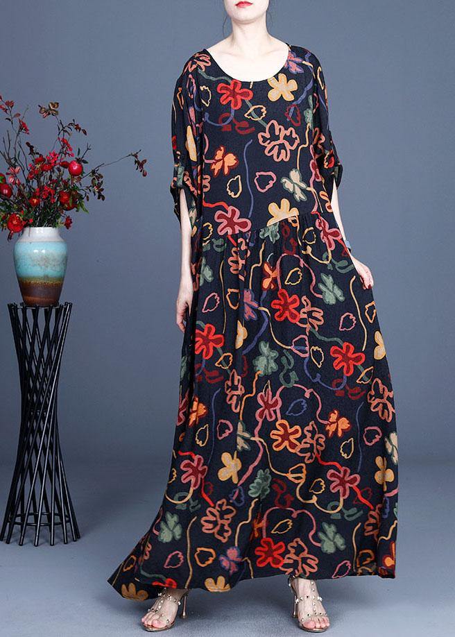 Stylish Black Print O-Neck Asymmetrical Design Summer Chiffon Cute Ankle Dress - SooLinen