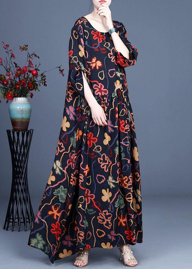 Stylish Black Print O-Neck Asymmetrical Design Summer Chiffon Cute Ankle Dress - SooLinen