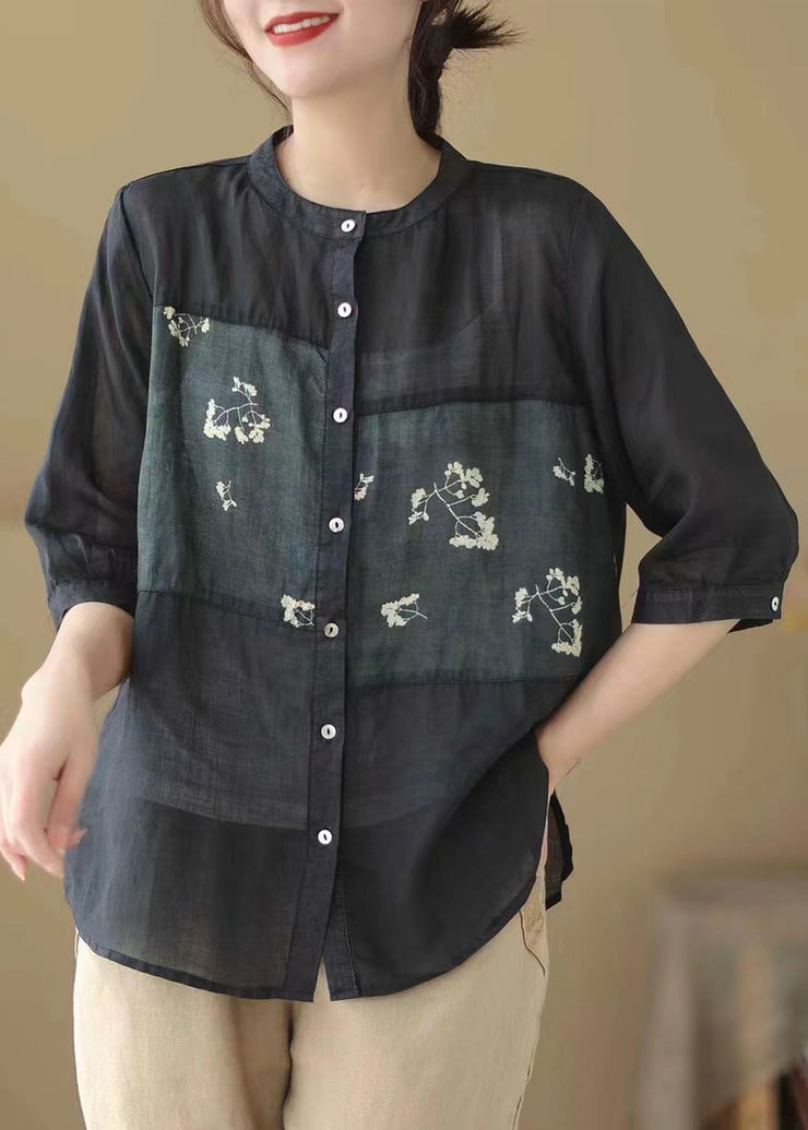 Stylish Black Print Patchwork Button Ramie Shirt Half Sleeve