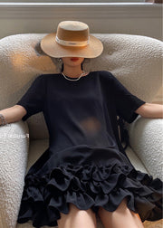 Stylish Black Ruffled Patchwork Cotton T Shirt Dress Summer