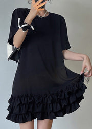 Stylish Black Ruffled Patchwork Cotton T Shirt Dress Summer